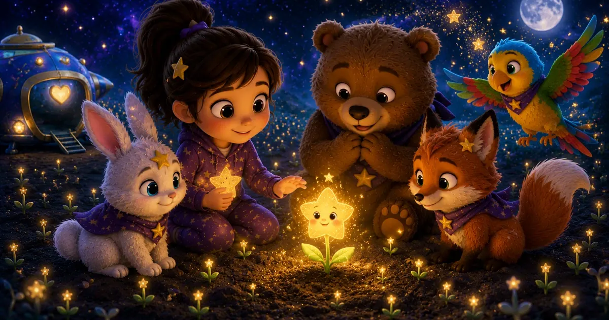 Leni mit Luna dem weißen Sternenhasen, Fina dem Sternenfuchs, Pipo und Bruno im dunklen Sternengarten, wo ein kleiner Sternensamen zu einem leuchtenden Mutstern heranwächst.