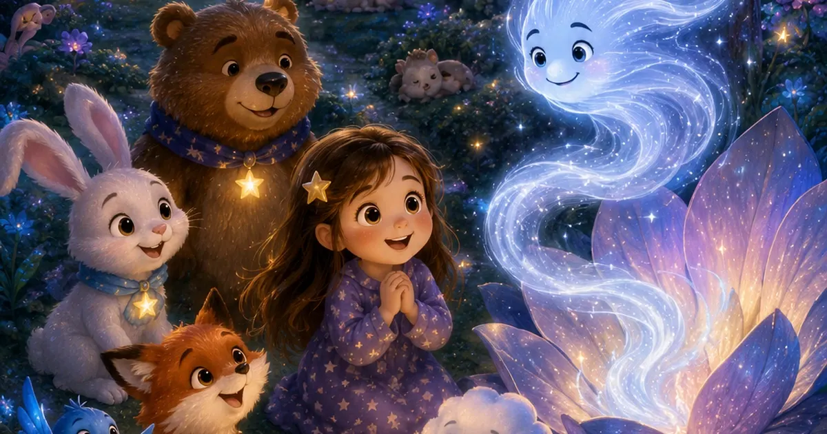 Leni steht mit Luna dem glitzernden Hasen, Fina dem Sternenfuchs, Pipo dem leuchtenden Vogel und Bruno dem gemütlichen Bären in einem magischen schlafenden Himmelswald, während eine riesige Blume den silbernen Traumwind freilässt und kleine Glühwürmchen zwischen funkelnden Bäumen leuchten.