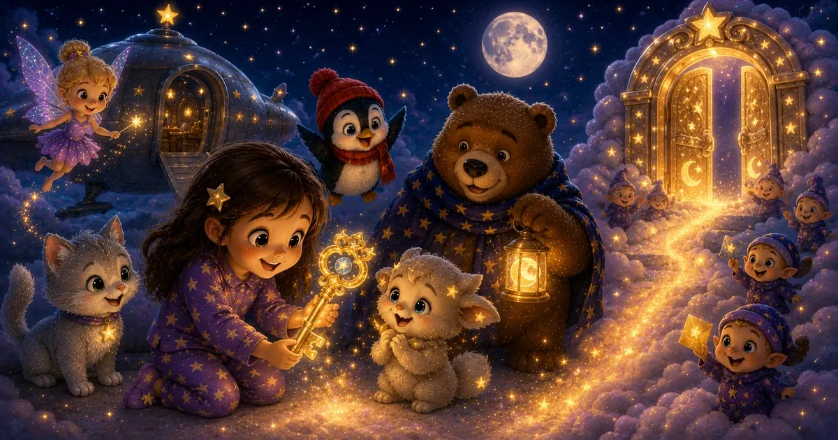Leni steht mit Luna, Pipo, Fina, Bruno und dem kleinen Flimmer vor einer großen goldenen Traumtür im Sternenhimmel, während ein leuchtender Sternenschlüssel warmes Licht verbreitet.