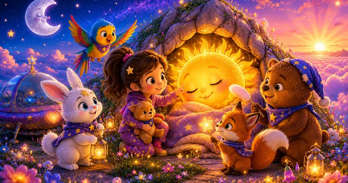 Leni mit Luna dem weißen Sternenhasen, Fina dem kleinen Sternenfuchs, Pipo dem bunten Papagei und Bruno dem freundlichen Bären am rosa-lila Morgenberg, während die schläfrige Sonne in einer warm leuchtenden Höhle erwacht und Miro der kleine Morgenwächter mit der goldenen Sonnenklingel daneben schwebt.