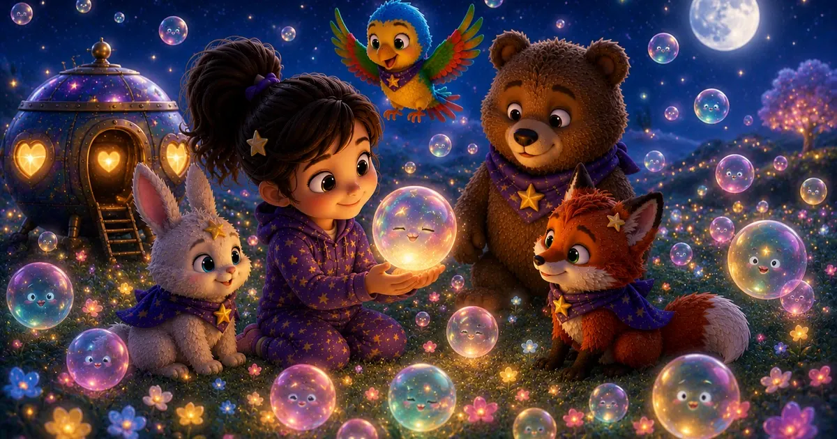 Leni sitzt mit Luna dem weißen Sternenhasen, Fina dem Sternenfuchs, Pipo und Bruno auf einer leuchtenden Seifenblasenwiese unter dem Mond, während bunte Wunschblasen warm funkeln und eine kleine Blase zu einem Stern aufsteigt.