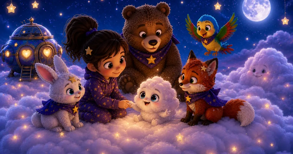 Leni sitzt mit Luna dem weißen Sternenhasen, Fina dem Sternenfuchs, Pipo und Bruno auf einer weichen Wolkeninsel unter dem Mond, während das kleine Wölkchen glücklich und ruhig zwischen funkelnden Sternen schwebt.