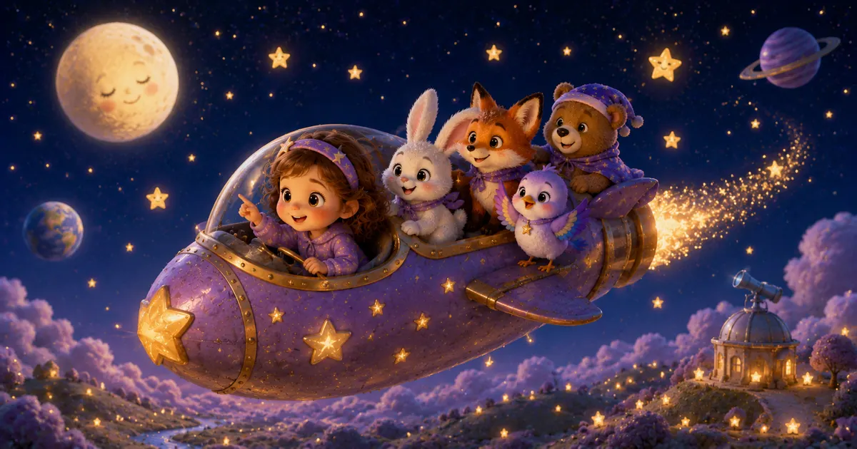 Leni sitzt mit ihrem leuchtenden Traumstern, Luna dem Hasen, Pipo dem Vogel, Fina dem Fuchs und Bruno dem Bären im Sternenlicht.