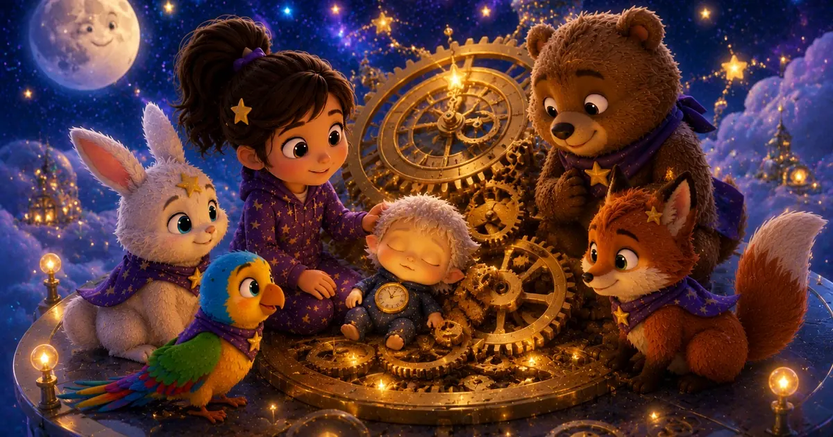 Leni mit Luna dem weissen Sternenhasen, Fina dem Sternenfuchs, Pipo und Bruno vor einem riesigen goldenen Uhrwerk im Sternenhimmel, waehrend der kleine Hueter der Zeit friedlich einschlaeft.