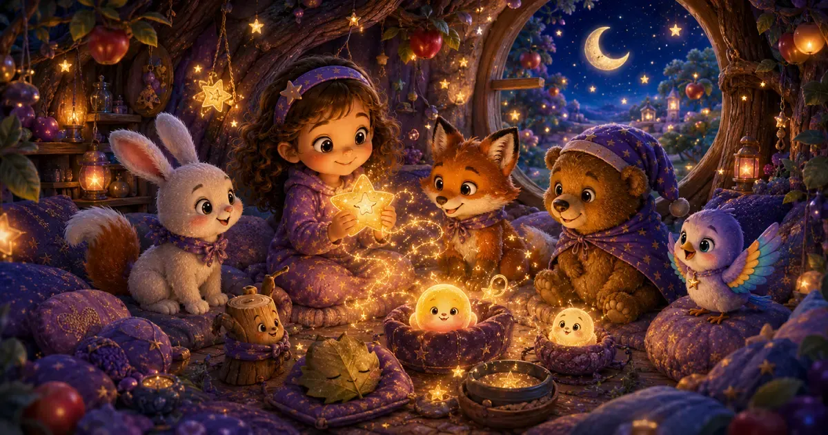 Leni sitzt mit Luna, Fina, Bruno und Pipo in einem warm leuchtenden Atelier aus Kissen, Sternenfäden und kleinen Nachtgeräuschen, die wie freundliche Lichtwesen um sie schweben.