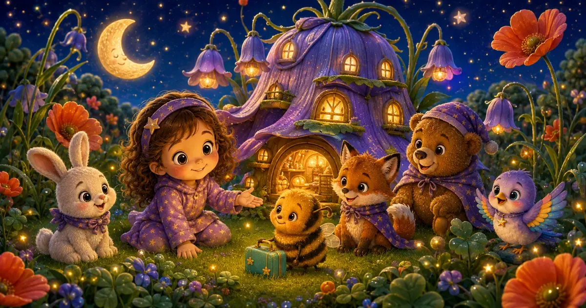 Leni und ihre Sternenfreunde stehen mit der kleinen Hummel Hedi vor einem warm leuchtenden Blütenhotel in einer Abendwiese.