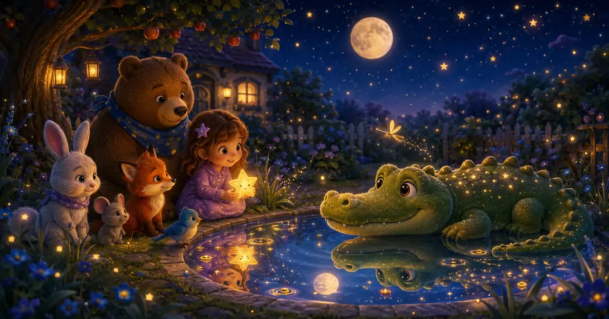 Leni sitzt mit Luna, Fina, Pipo, Bruno und der kleinen Maus am leuchtenden Spiegelteich, waehrend ein sanftes gruenes Samtkrokodil im Wasser sein freundliches Laecheln entdeckt.