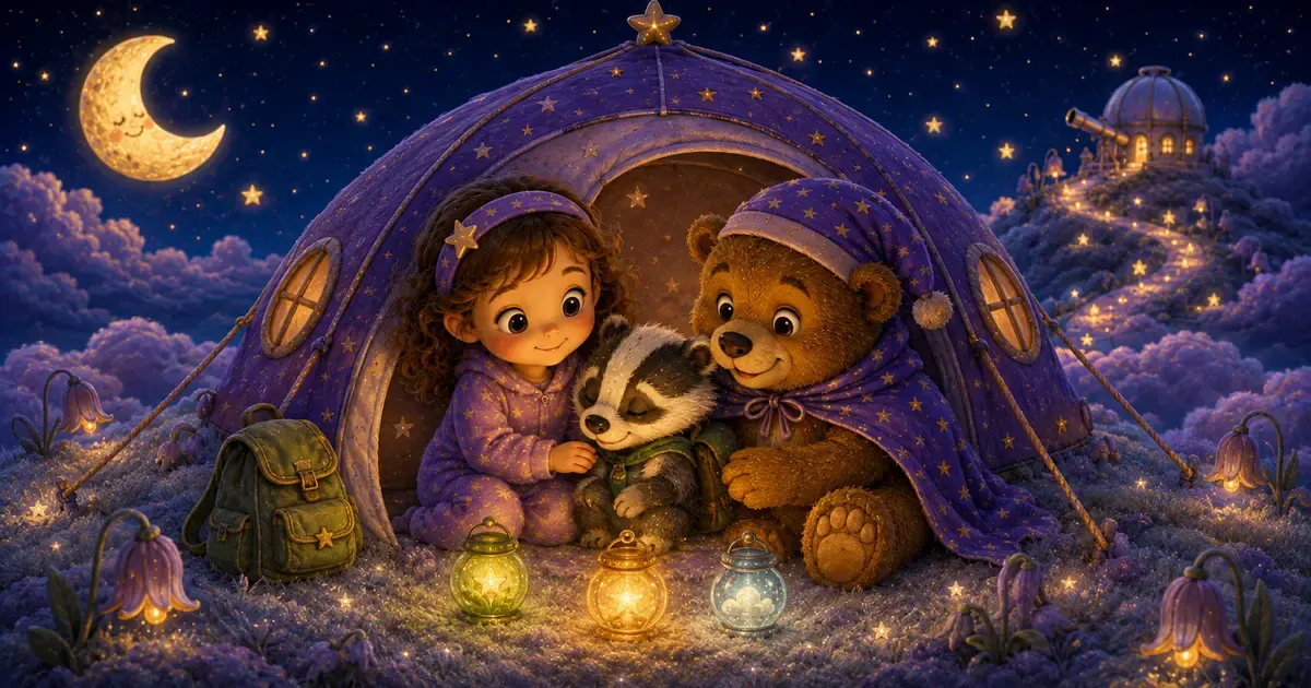 Leni sitzt mit Bruno und dem kleinen Dachs Tamo vor einem violetten Taschenzelt auf einem sanften Wolkenhang, während warme Erinnerungslichter unter dem Sternenhimmel leuchten.