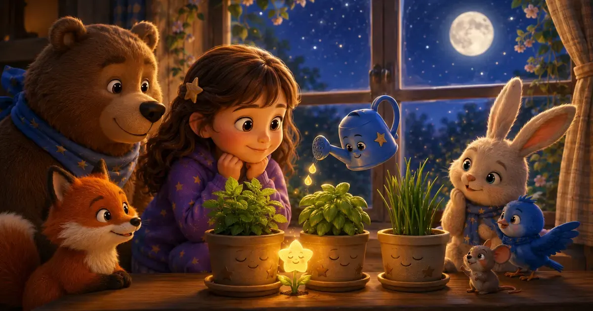 Leni sitzt mit Luna, Fina, Pipo, Bruno und der kleinen Maus nachts am warm leuchtenden Kräuterfenster, während eine winzige blaue Gießkanne sanfte Tropfen zu schläfrigen Kräutertöpfen bringt.