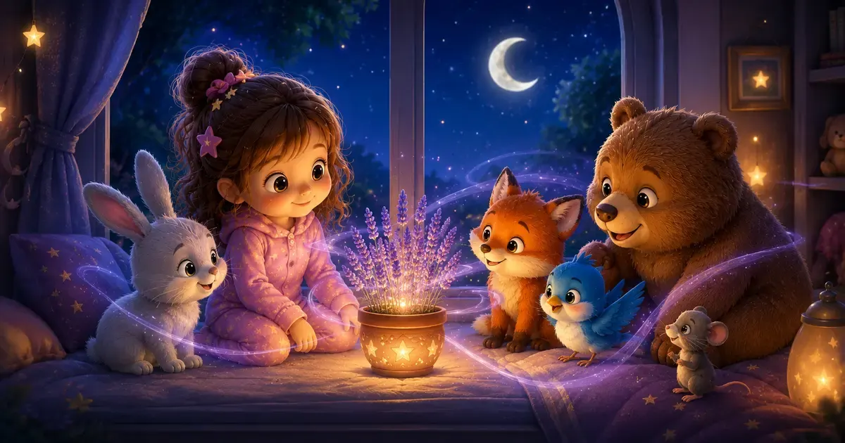 Leni sitzt mit Luna, Fina, Pipo, Bruno und der kleinen Maus an einem warm leuchtenden Lavendeltopf auf der Fensterbank, waehrend silberviolette Duftbaender durch die Nacht schweben.
