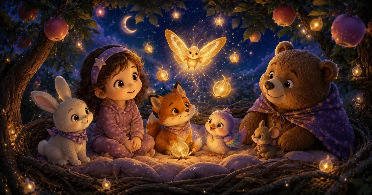 Leni sitzt mit Luna, Fina, Pipo, Bruno und der kleinen Maus in einem weichen Nachtnest im Apfelbaum, während ein goldener Wunschfalter über schimmernden Blättern leuchtet.
