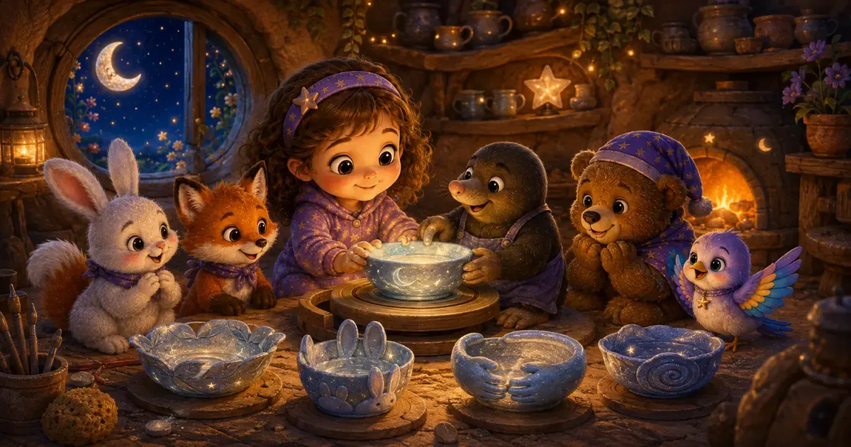 Leni töpfert mit Luna, Fina, Bruno, Pipo und dem kleinen Maulwurf Momo in einem warm leuchtenden Töpfernest schimmernde Mondschalen unter dem Sternenhimmel.