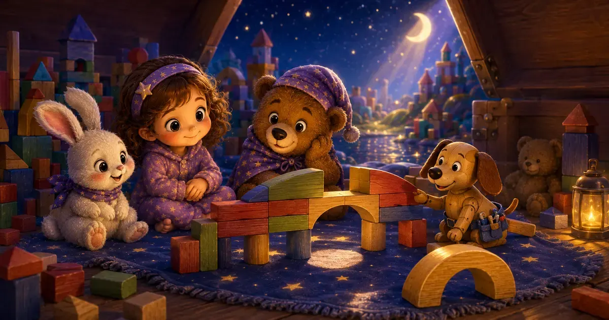 Leni, Luna und der kleine Holzhund Kuno sitzen im warmen Mondlicht vor einer halbfertigen Brücke aus bunten Bauklötzen, während ein goldener Schlussstein für den nächsten Morgen bereitliegt.